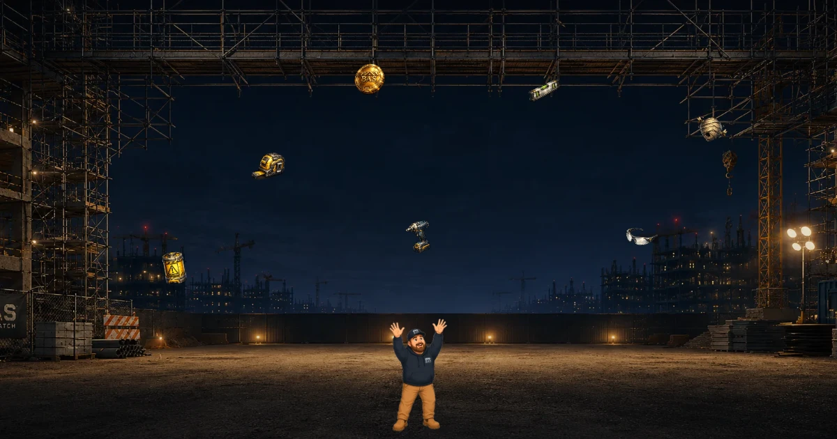 Tool Catch game view with full-body Blake beneath falling tools and jobsite hazards